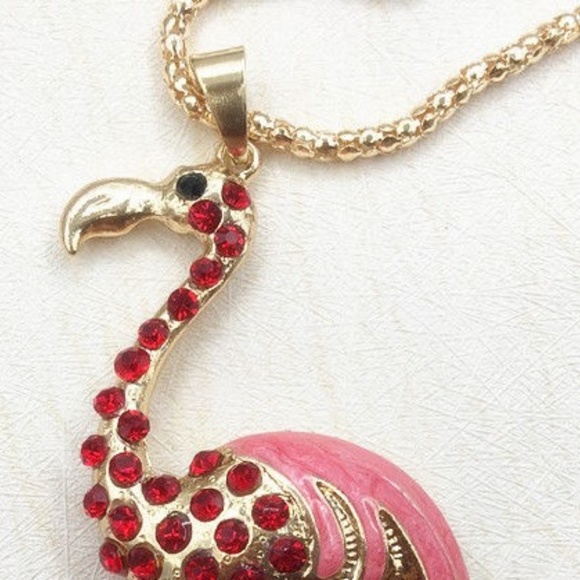 New Red Flamingo Bird Crystal Enamel Long Necklace - Picture 2 of 5